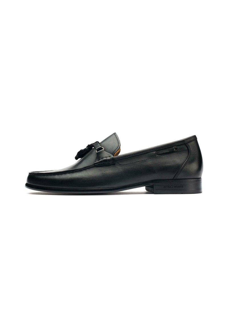 Black leather loafers with a smooth finish, rounded toe, decorative hardware accent, low profile, and subtle stitching details.