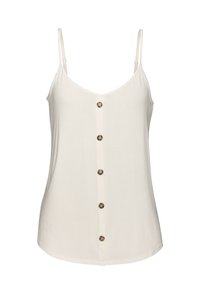 Valgest ilma varrukatopist V-kaelusega, millel on nööpidega eesosa ümarate metallnuppudega ja veidi kumer lõhik. Pehme kangastekstuuri.