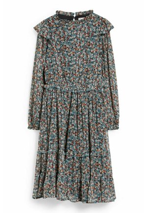 Langærmet midi-kjole med blomsterprint og flæsedetaljer ved krave, talje og kant i nuancer af blå, brun og hvid.