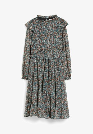 Robe mi-longue à manches longues à motif floral avec des détails à volants au col, à la taille et à l'ourlet dans des tons de bleu, marron et blanc.
