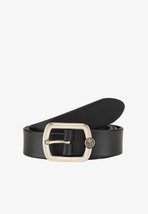 Zwarte leren riem met een rechthoekige zilveren metalen gesp en een klein logoaccent. De riem heeft een gladde textuur en is netjes gestikt.