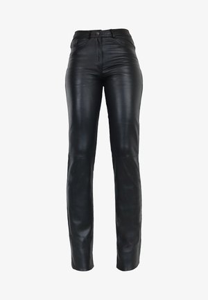 Schwarze Lederhosen mit schmalem Schnitt, glatter Textur, Fünf-Taschen-Style und einem Knopfverschluss an der Taille.