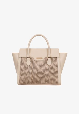 Beige tote bag with chevron-patterned front panel, two handles, and smooth side panels, displayed against a white background.