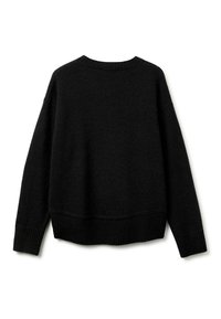 Schwarzer Strickpullover mit rundem Ausschnitt, überschnittenen Schultern und geripptem Saum und Bündchen. Weiche Textur, normale Passform mit einem lässigen Design.