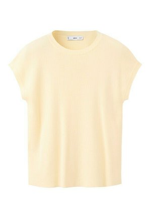 Pull en maille à manches courtes de couleur crème avec un col rond et une silhouette légèrement ajustée, présenté sur un fond blanc uni.