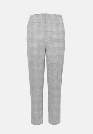 Gray and black checkered pants with a relaxed fit, featuring an elastic waistband and straight legs, made from a smooth fabric.