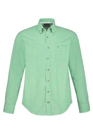 Groen en wit geruit overhemd met lange mouwen, gemaakt van stof met een button-down kraag en een borstzak, met zilveren knopen en een gestructureerde pasvorm.