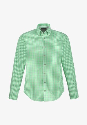 Camicia a maniche lunghe a quadri verdi e bianchi in tessuto, con colletto button-down e taschino sul petto, dotata di bottoni argentati e vestibilità strutturata.