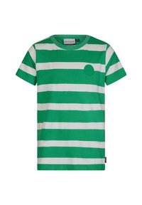 Groen en wit gestreepte korte mouwen t-shirt, ronde hals, gemaakt van katoen, met een cirkelvormig logo detail aan de linkerkant van de voorkant.
