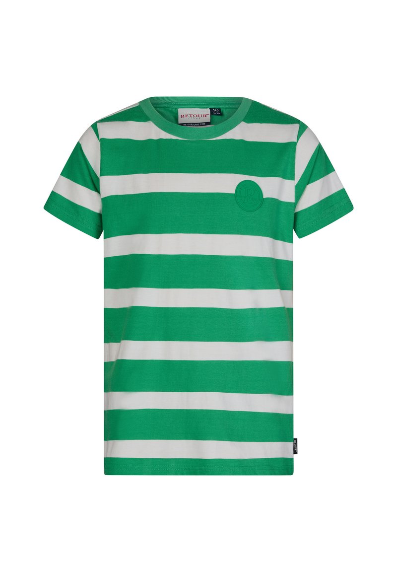 Groen en wit gestreepte korte mouwen t-shirt, ronde hals, gemaakt van katoen, met een cirkelvormig logo detail aan de linkerkant van de voorkant.