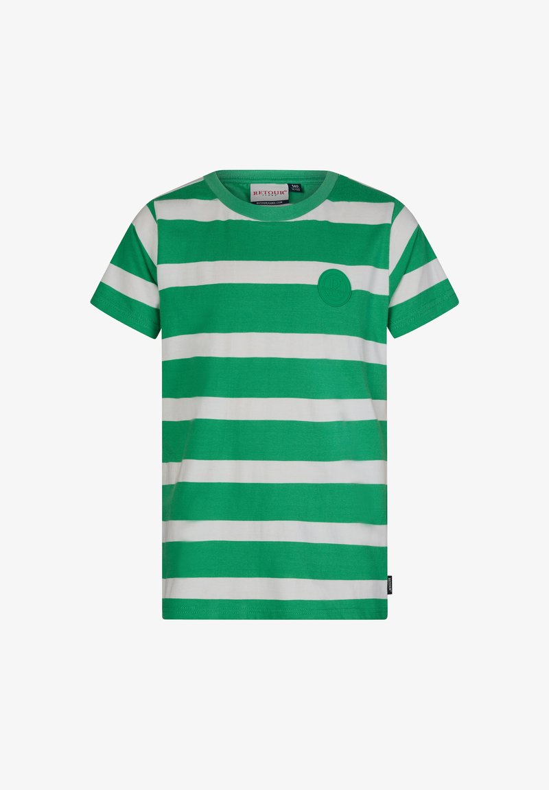 Zielona i biała w paski koszulka z krótkim rękawem, okrągły dekolt, wykonana z bawełny, z okrągłym detalem logo z przodu po lewej stronie.