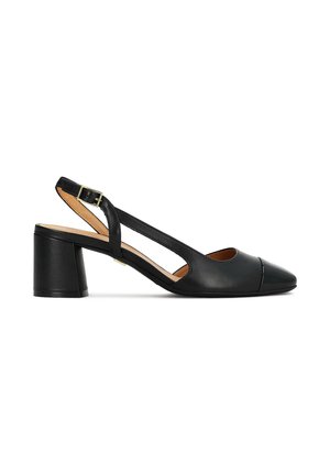 Schwarzer Slingback-Pumps aus Leder mit quadratischer Spitze, seitlichen Ausschnitten und einem klobigen Absatz für Stabilität.