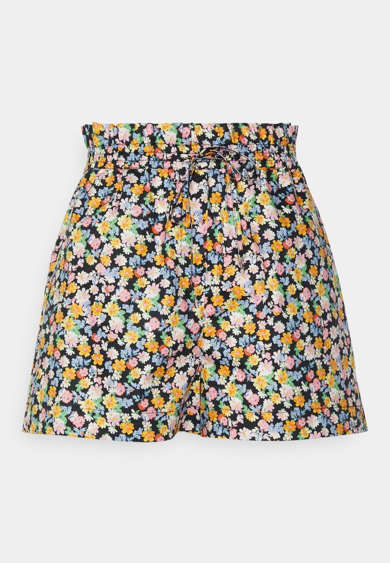Shorts à fleurs avec une ceinture élastique et un cordon de serrage, présentant un fond noir orné de fleurs colorées de tailles variées.