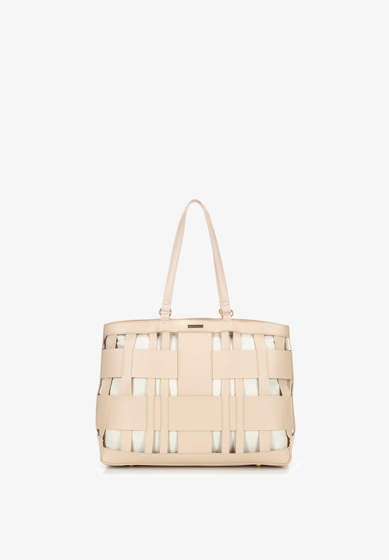Borsa tote in pelle beige con manici intrecciati e interno in tessuto bianco, dotata di due manici per il trasporto a spalla.