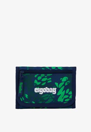Navy and green patterned fabric wallet with front zipper pocket and "ergobag" logo embroidered in white on the flap.