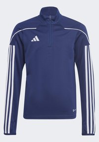 Giacca da allenamento navy con zip a quarto, pannello spalla texturizzato e strisce bianche lungo le maniche. Presenta un logo adidas sul petto.