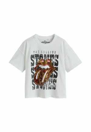 Biały T-shirt z krótkim rękawem z logo The Rolling Stones przedstawiający dużą, cekinową czerwoną usta i język na czarnym postrzępionym tekście.