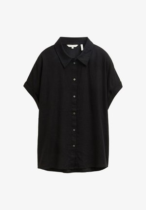 Schwarzes Kurzarmhemd aus leichtem Stoff mit klassischem Kragen, durchgehender Knopfleiste und lockerer Passform. Sanfte Textur, ungemustert.