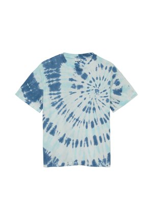 Koszulka z krótkim rękawem i okrągłym dekoltem z niebiesko-białym wzorem tie-dye w spirale, pokazana na płaskim białym tle.