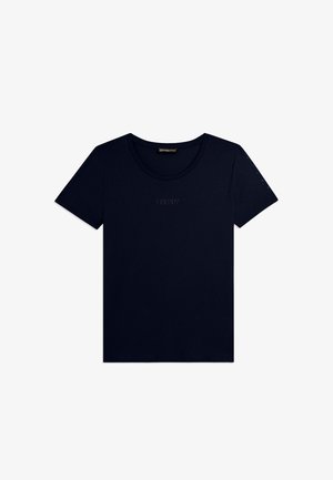 T-shirt noir à manches courtes avec col rond, petit logo "FREDDY" perforé sur la poitrine et détails perforés le long de la manche droite.