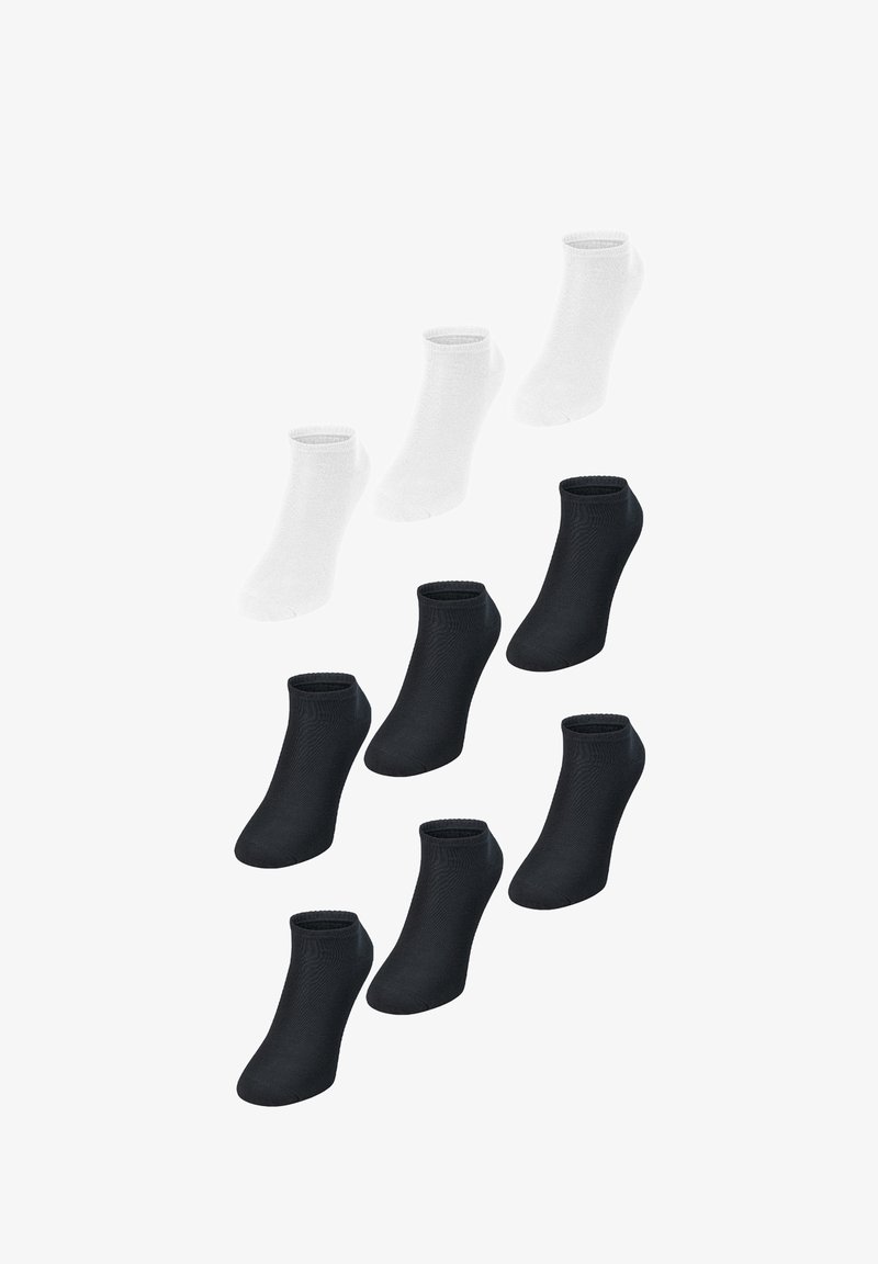 Schwarz-weiße Knöchel-Socken mit einem gerippten Bündchen und einer glatten Textur. Das Set umfasst drei weiße und sechs schwarze Paare.