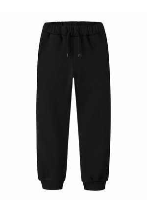 Pantalon de jogging noir à taille élastique avec cordon de serrage et chevilles revers, présenté sur fond blanc.