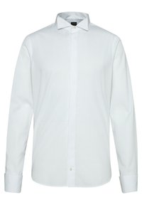 Weißes Langarmhemd mit Button-Down-Kragen, durchgehender Knopfleiste und knöpfbaren Manschetten. Hergestellt aus glattem Baumwollstoff.
