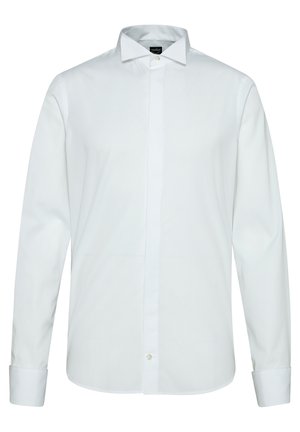 Weißes Langarmhemd mit Button-Down-Kragen, durchgehender Knopfleiste und knöpfbaren Manschetten. Hergestellt aus glattem Baumwollstoff.