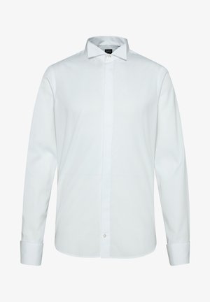 Weißes Langarmhemd mit Button-Down-Kragen, durchgehender Knopfleiste und knöpfbaren Manschetten. Hergestellt aus glattem Baumwollstoff.