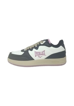 Sneakers Everlast con tomaia in pelle bianca, accenti neri e suola beige. Presentano un logo rosa, punta rotonda e design con lacci.