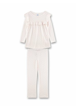 Hellrosa Pyjama-Set mit langärmligem Oberteil, das Rüschen an den Schultern und tolle Punkte hat, kombiniert mit passender, enganliegender Hose. Aus weichem Baumwollmaterial.