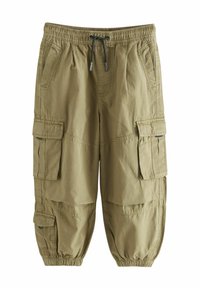 Pantalons cargo verts olive avec taille élastique, cordon de serrage, poches latérales et poches cargo sur chaque jambe. Fabriqués en tissu durable et léger.