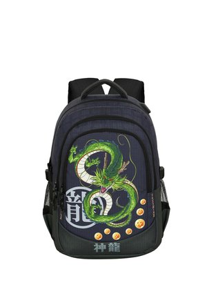 Mochila negra con un gráfico de dragón verde, ojos rojos y acentos circulares amarillos, fabricada con material texturizado y correas de hombro acolchadas.