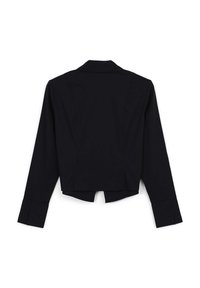 Schwarze cropped Jacke mit langen Ärmeln, Reverskragen und geknöpften Manschetten. Glatte Stofftextur, keine sichtbaren Muster oder Metallteile.