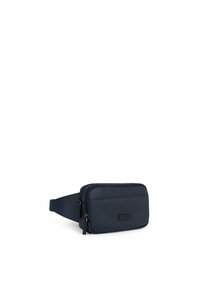 Borsa a vita blu navy con un esterno testurizzato, dotata di due scomparti con zip e una tracolla regolabile per una vestibilità sicura.
