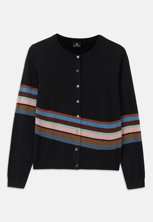 Cardigan nero con collo rotondo, caratterizzato da strisce orizzontali multicolori di larghezze diverse e bottoni sulla parte anteriore. Morbido al tatto.