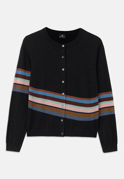 Black cardigan with a round neck, featuring multicolored horizontal stripes in varying widths and buttons down the front. Soft texture.