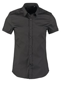 Koszulka z krótkim rękawem, zapinana na guziki, w ciemnoszarym kolorze, z wywiniętym kołnierzykiem, sześcioma guzikami z przodu oraz gładką, lekko błyszczącą fakturą.