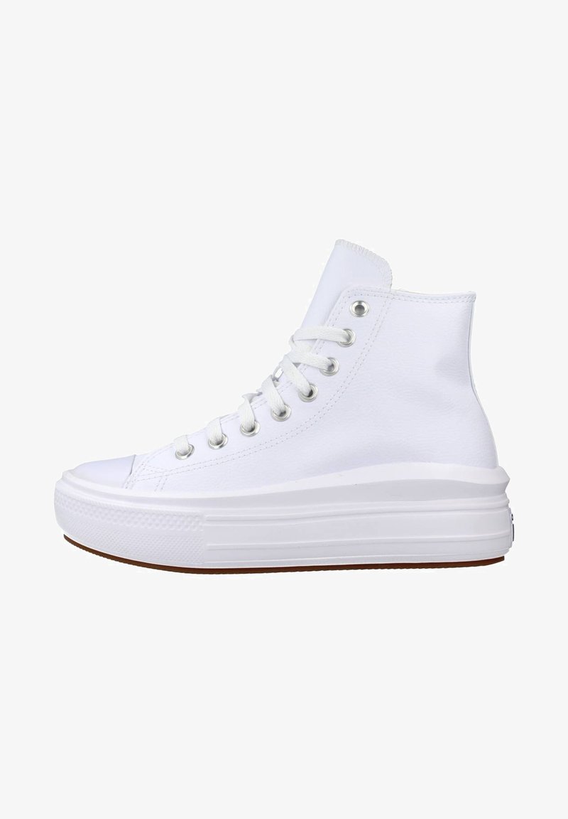 Adidași albi, cu vârf înalt, dintr-un material neted, având o talpă din cauciuc, vârf rotund și gauri din metal pentru sireturi. Bază texturată.