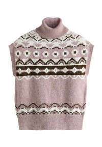 Ärmelloser lila Strickpullover mit Rollkragen und horizontalen Fair-Isle-Mustern in Weiß, Braun und Pink über der Brust und am Saum.