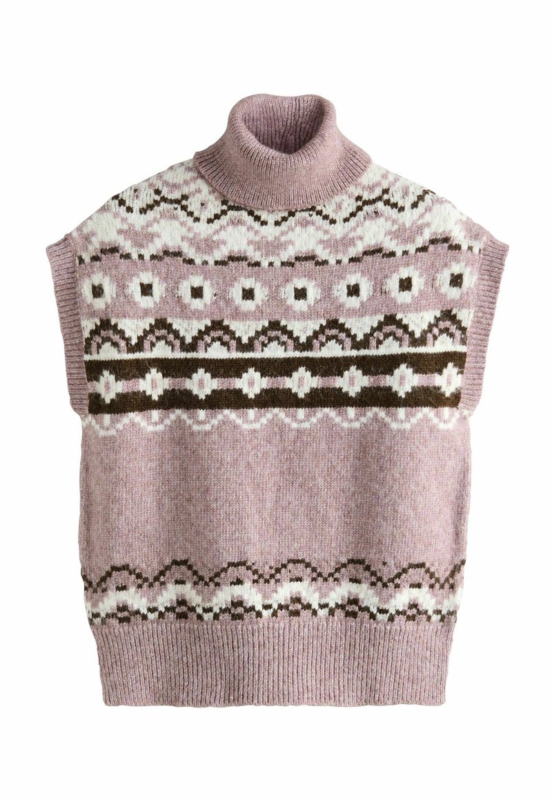 Ärmelloser lila Strickpullover mit Rollkragen und horizontalen Fair-Isle-Mustern in Weiß, Braun und Pink über der Brust und am Saum.