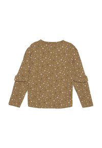 Langsleeve shirt in mosterd met een bloemenpatroon in roze en groen. Heeft gerimpelde accenten op de mouwen. Zacht, lichtgewicht materiaal.