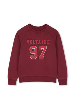 Sweat-shirt bordeaux avec le texte "VOLTAIRE" et le numéro "97" en grand imprimé rouge et blanc style varsity sur le devant.