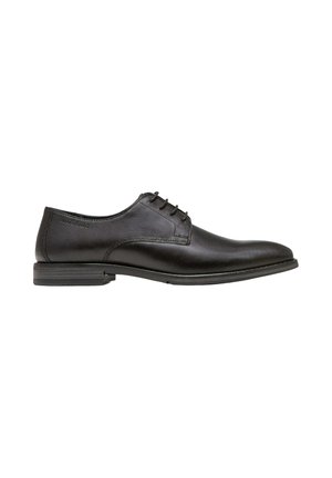 Chaussure habillée pour homme en cuir noir avec laçage fermé, finition lisse et talon bas empilé, vue de côté sur fond blanc.