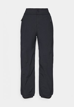 Svart, vanntette bukser med rett ben-design, glidelås-lommer på sidene og elastiske mansjetter ved anklene. Glatt tekstur og holdbart materiale.