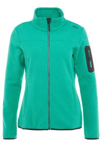 Turquoise ritsjack van fleece met hoge kraag, gestructureerd oppervlak, zwarte accenten en een ritszak op de mouw.