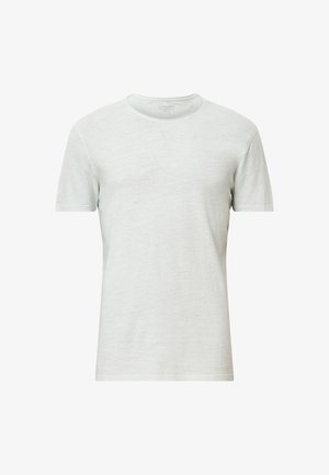 Lys grå, kortærmet T-shirt lavet af et blødt stof, der har en klassisk rund halsudskæring og subtil tekstur overalt.