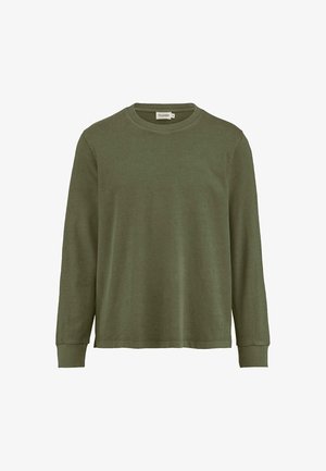 Langemouw T-shirt in olijfgroene katoen, met een ronde hals, ribgebreide manchetten en een relaxte pasvorm. Zachte textuur met minimale details.