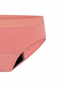 Culotte hipster en coton rose clair avec une finition lisse, dotée d'une large ceinture élastique et d'un contour noir à l'ouverture des jambes pour un contraste supplémentaire.