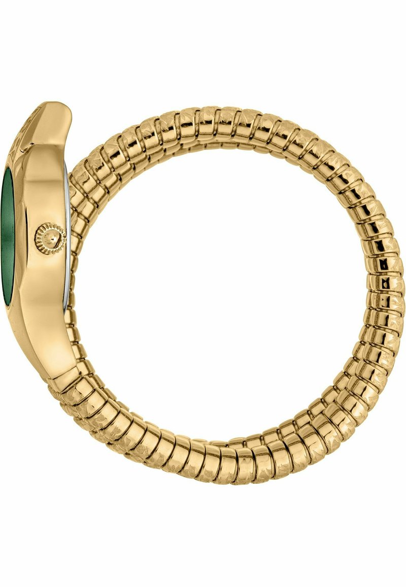 Goldene Uhr mit einem flexiblen, spiralförmigen Armband. Rundes Zifferblatt mit grünem Ziffernblatt und einer Krone, polierte Oberfläche mit einer glatten Textur und glänzendem Finish.